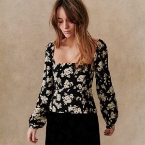 Sezane Black and Cream Floral Blouse